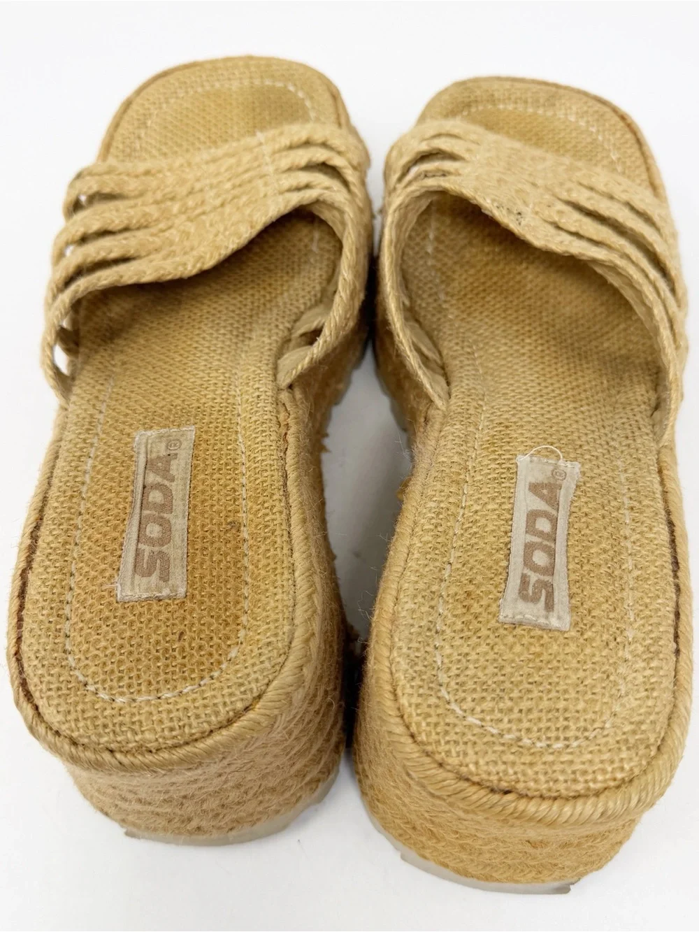 SODA Tan Woven Raffia Platform Slides Wedge Sandals Size 8.5 Y2K Girly 90s